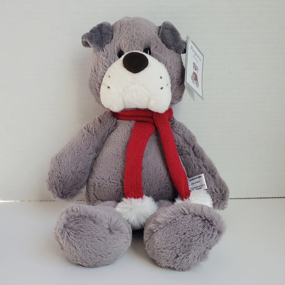 Aurora Lopsie Lulu Benjamin the Dog Plush w/Scarf. Grey, Wht, Red Holiday